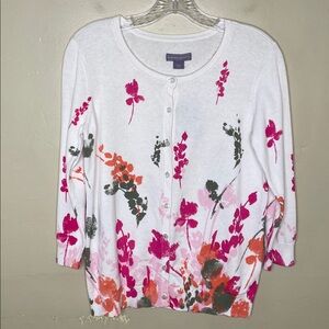 LAURA SCOTT White & Pink Floral Cardigan Sweater Button Front Feminine NWT Small